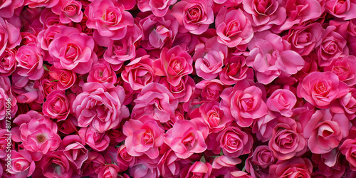 Fototapeta Naklejka Na Ścianę i Meble -  Background top view pink roses flowers. Postcard birthday, womans, mothers holiday, wedding invitation, event banner, flat lay style. Summertime floral texture close up, copy space.