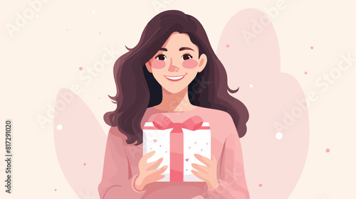 Smiling young woman holding big pink gift box flat