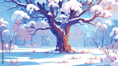 Snowy oak tree trunk in winter cartoon vector illus