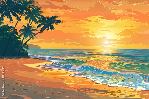 A painting depicting a colorful sunset over a sandy beach  with palm trees silhouetted against the sky. Generative AI