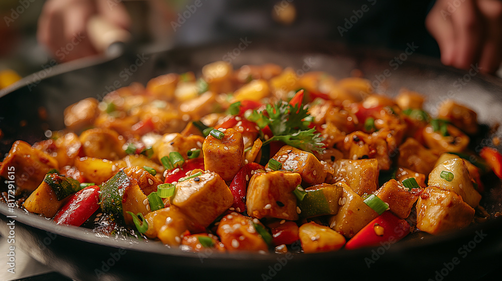 A visually rich composition featuring a chef tossing a vibrant stir-fry in a sizzling wok, with colorful vegetables and protein-packed tofu or chicken being expertly cooked over hi A visually rich composition featuring a chef tossing a vibrant stir-fry in a sizzling wok, with colorful vegetables and protein-packed tofu or chicken being expertly cooked over hi