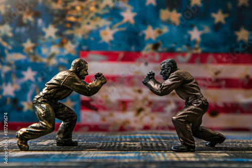 Two toy soldiers in combat stance against an American flag background with stars and stripes