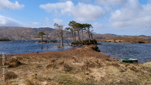 Scenic view of Lewisian gneiss precambrian metamorphic rock islands with trees on Loch Inver, Assynt district of Sutherland in the highlands of Scotland UK photo