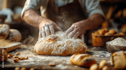 A close-up shot of a skilled baker kneading dough for whole grain bread, with flour dusting the air and dough stretching and folding under expert hands, capturing the timeless trad photo