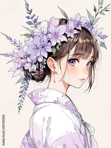 Anime girl with lilac flowers in traditional Japanese attire