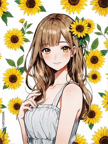 Anime girl with sunflowers in watercolor style illustration
