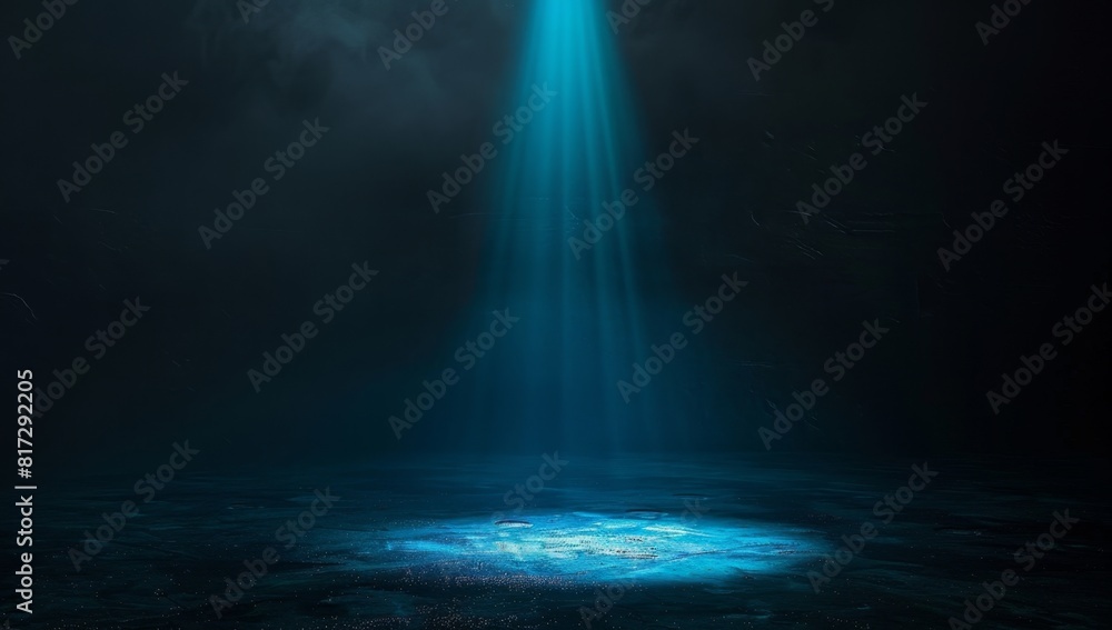 A black background with a single, bright blue light shining down in the center of it creating an effect that resembles a small spot on the ground or table surface Generative AI