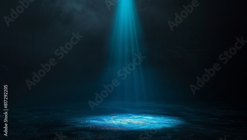A black background with a single  bright blue light shining down in the center of it creating an effect that resembles a small spot on the ground or table surface Generative AI