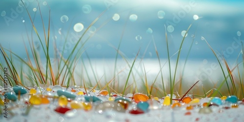 Close-Up of Colorful Sea Glass Pebbles on a Sandy Beach with Grass, Ocean and Cloudy Blue Sky in Background