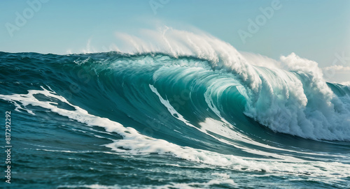 Beauty of marine nature, strength and power of the water element in form of a large turquoise sea wave crashing on shore © SlayStorm