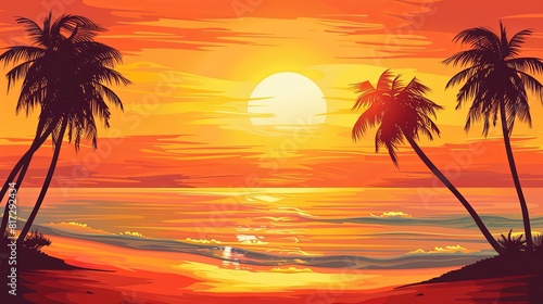 Fototapeta Naklejka Na Ścianę i Meble -  A painting depicting a vibrant sunset on a beach with palm trees, capturing the beauty of nature and coastline. Generative AI