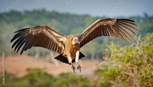 white backed vulture gyps africanus flying just before landing in zimanga game reserve in kwa zulu natal in south africa photo