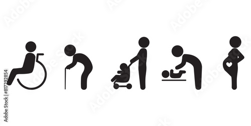 Simple set of Priority Seat icons, Human vector signs. Priority Symbols for Disabled Passenger: Elderly passenger, Pregnant, Old man, Woman with infant child and baby wheelchair, Vector transparent.