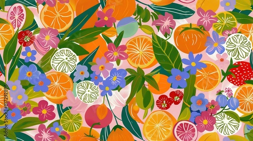   A vibrant painting featuring oranges, flowers, and leaves on a rosy backdrop with a central polka dot photo