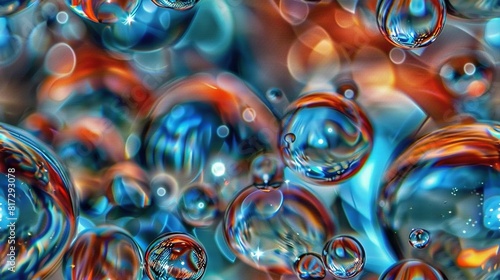   A sea of colorful bubbles floats on a blue and red canvas, each bubble bouncing and drifting in midair photo