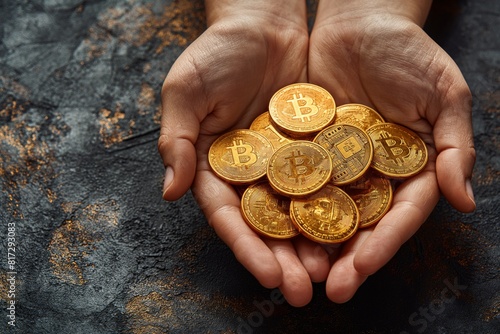 Hands offering multiple shining Bitcoin coins