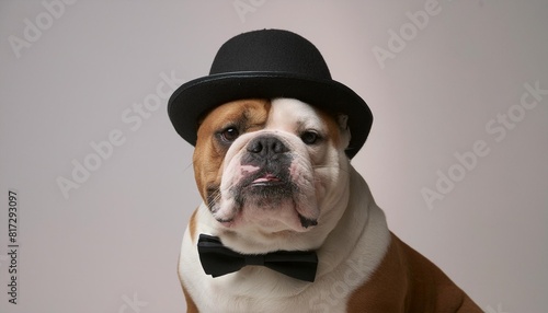 dapper bulldog dressed in a black bow tie and hat poses against white background © Wayne