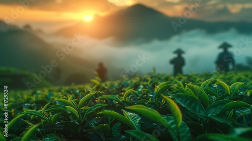 agricultural farming, tea growers nurturance their crops under soft morning mist in a serene tea plantation setting photo