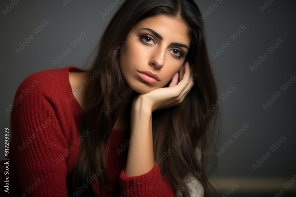 portrait of beautiful woman with hand on chin portrait of beautiful woman with hand on chin