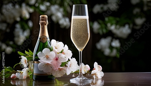 an elegant background image featuring a glass of champagne and flowers arranged in a glass bottle photorealistic illustration