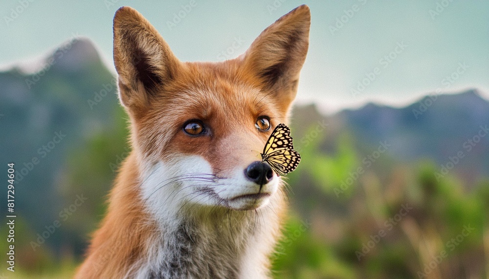 portrait of a red fox with a butterfly on nose