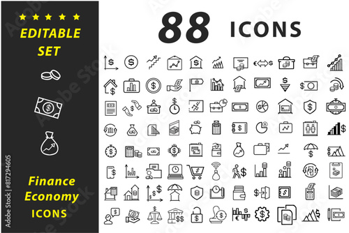 Finance icons Pixel perfect set. Economic, Money, office, support, bank, contact, infographic. Icon collection. Vector illustration.