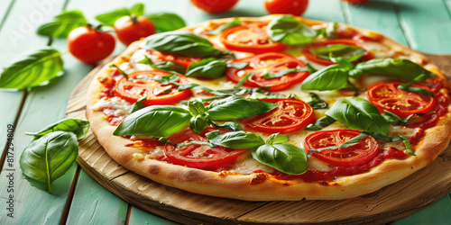 Pizza served on rustic wooden blue table with tomatoes, cheese and basils. Vibrant colors and fresh ingredients photo