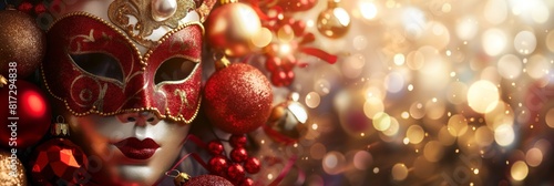 Glimmering Christmas decorations featuring red baubles with a blurred side section for added text space