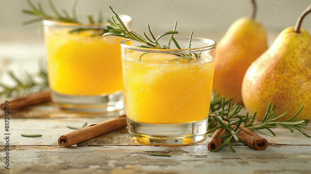 Fototapeta premium Two glasses of orange juice with cinnamon sticks and pears on a wooden table nearby