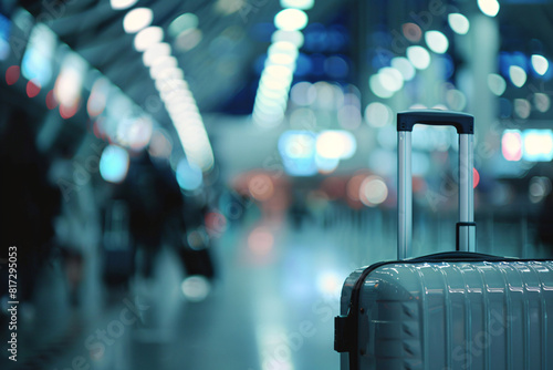 suitcase with extended handle in a blurry modern airport terminal background photo