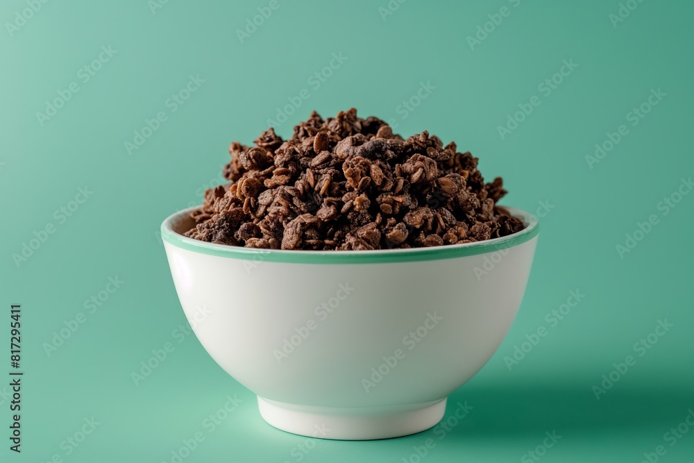 a bowl of chocolate cereal on a green background a bowl of chocolate cereal on a green background