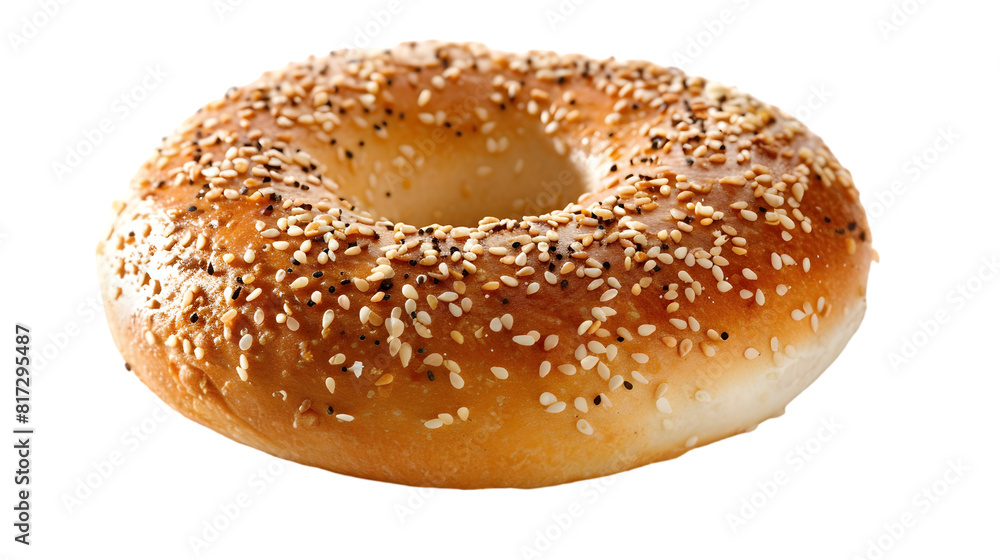 A freshly baked everything bagel topped with sesame seeds,, transparent background A freshly baked everything bagel topped with sesame seeds,, transparent background