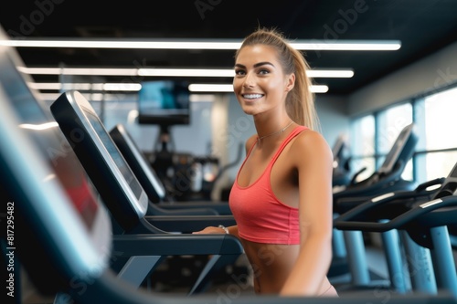 pretty woman looking at camera cheerful and walking on a treadmill at the gym.