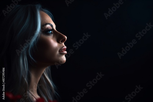 profile portrait of beautiful woman on her hand on a dark background