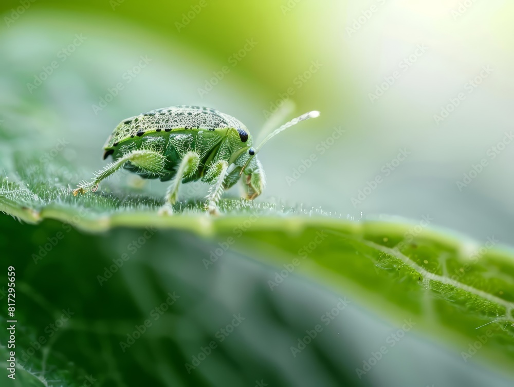 Close up of a psyllid biosensor, perched on a leaf, its tiny form measuring plant health and transmitting data to a farmer s HUD, sharpen with copy space Close up of a psyllid biosensor, perched on a leaf, its tiny form measuring plant health and transmitting data to a farmer s HUD, sharpen with copy space