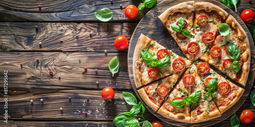 Pizza served on rustic dark wooden table with tomatoes, cheese and basils. Vibrant colors and fresh ingredients photo
