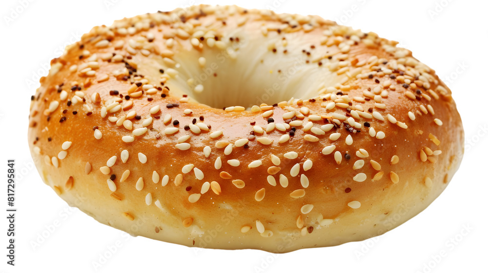 A freshly baked everything bagel topped with sesame seeds,, transparent background A freshly baked everything bagel topped with sesame seeds,, transparent background