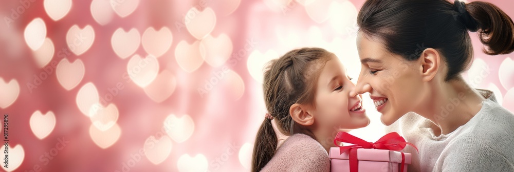 A heartwarming moment between a mother and child exchanging a gift with heart bokeh A heartwarming moment between a mother and child exchanging a gift with heart bokeh