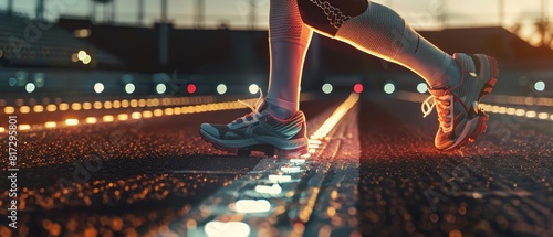 Close up of a runner using an exosuit that adapts to his bodys biomechanics, optimizing his energy output on a track that glows with pace indicators, sharpen with copy space photo