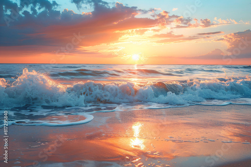 Ocean waves crashing on the beach at sunset with vibrant sky colors. High-resolution seascape photograph. Nature and sunset photography concept. Design for posters and backgrounds. Panoramic view