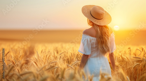 Happy unknown woman walk in the grain field wear white dress