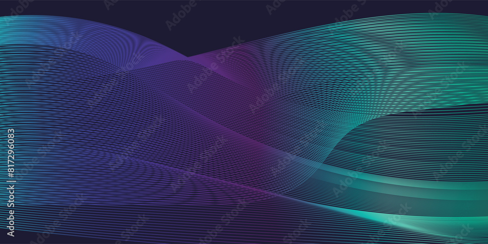 Dark abstract background with glowing wave. Shiny moving lines design element. Modern purple blue gradient flowing wave lines. Futuristic technology concept. Vector illustration Dark abstract background with glowing wave. Shiny moving lines design element. Modern purple blue gradient flowing wave lines. Futuristic technology concept. Vector illustration
