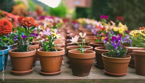 an array of terracotta flowerpots cradling an assortment of colorful flowers captured with a shallow depth of field