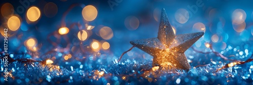 A sparkling star and festive lights offer a magical atmosphere on a blue bokeh background photo