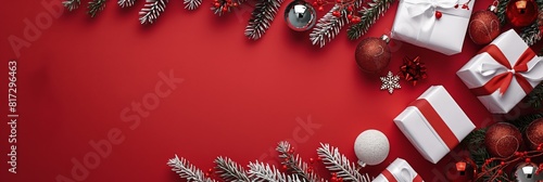 Top view of vibrant Christmas ornaments, presents, and pine branches on a red background for holiday themes