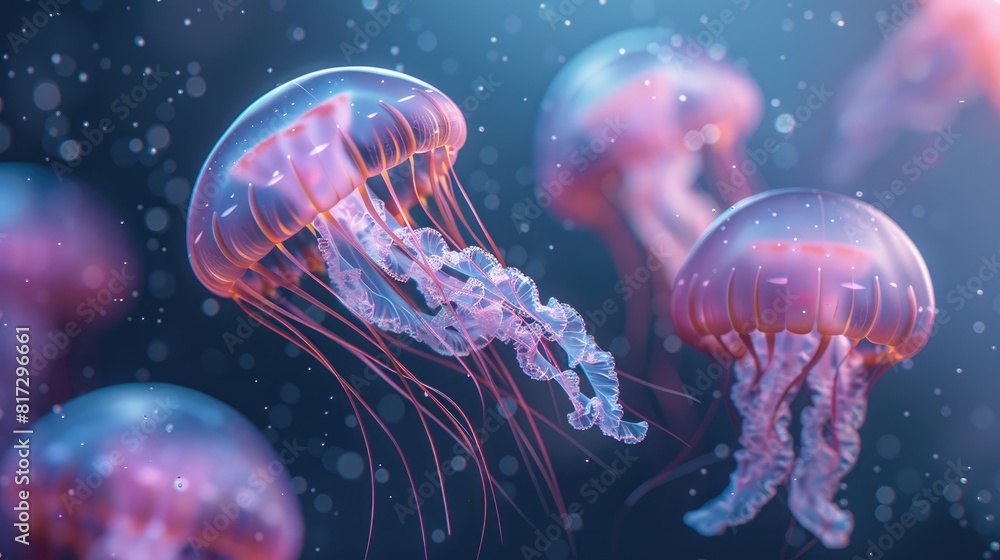 Capture the beauty of jellyfish in a 3D render illustration perfect for celebrating World Ocean Day Capture the beauty of jellyfish in a 3D render illustration perfect for celebrating World Ocean Day