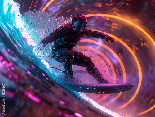 Capture a futuristic surfer riding a neon wave photo