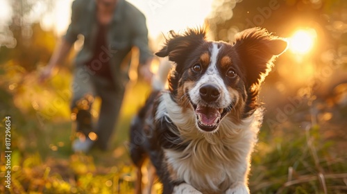 animal agility training, an excited male animal trainer with brown hair directs a border collie through an agility course in a sunny outdoor setting with lush green grass photo