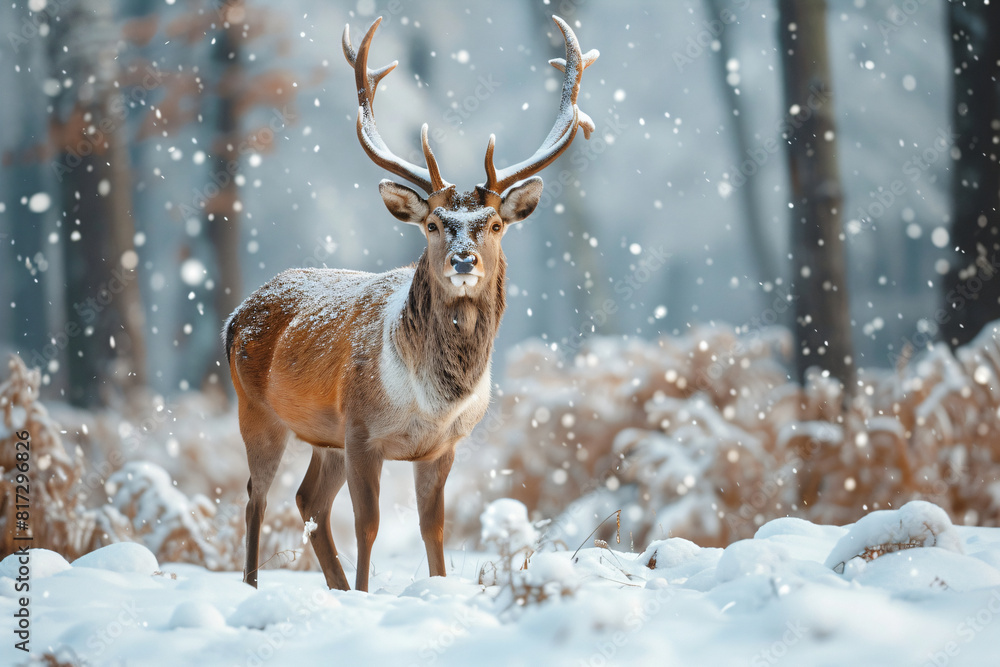 Deer standing in a snow-covered forest with falling snow. High-resolution wildlife photograph. Winter and nature photography concept. Design for posters and greeting cards. Front view Deer standing in a snow-covered forest with falling snow. High-resolution wildlife photograph. Winter and nature photography concept. Design for posters and greeting cards. Front view