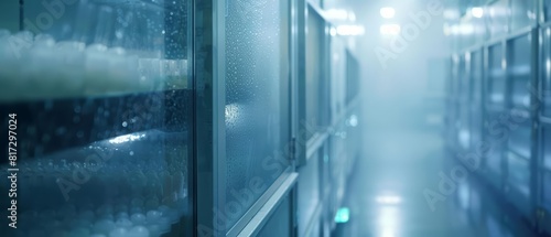 Close up of an endangered species genetic bank, samples stored for future resurrection, the preservation units a frosty blur in the secure facility, sharpen with copy space